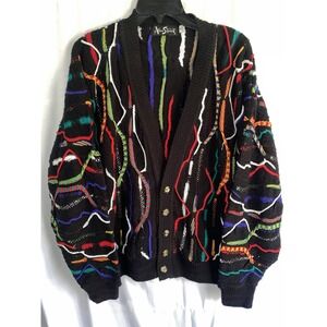 Vintage Alan Stuart Cardigan Sweater Medium Multicolor Knit 3D 90s Biggie Cosby